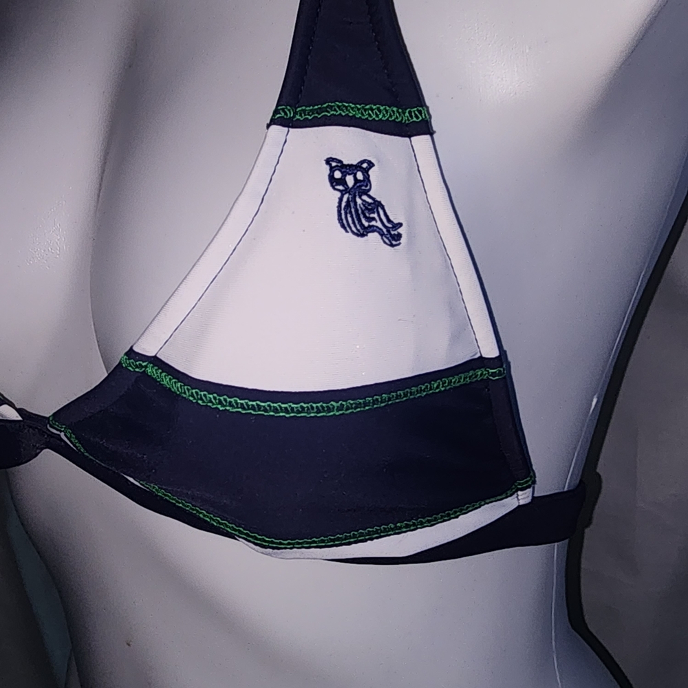 Navy & White Striped Triangle Bikini with Green Stitching - Picture 2 of 8